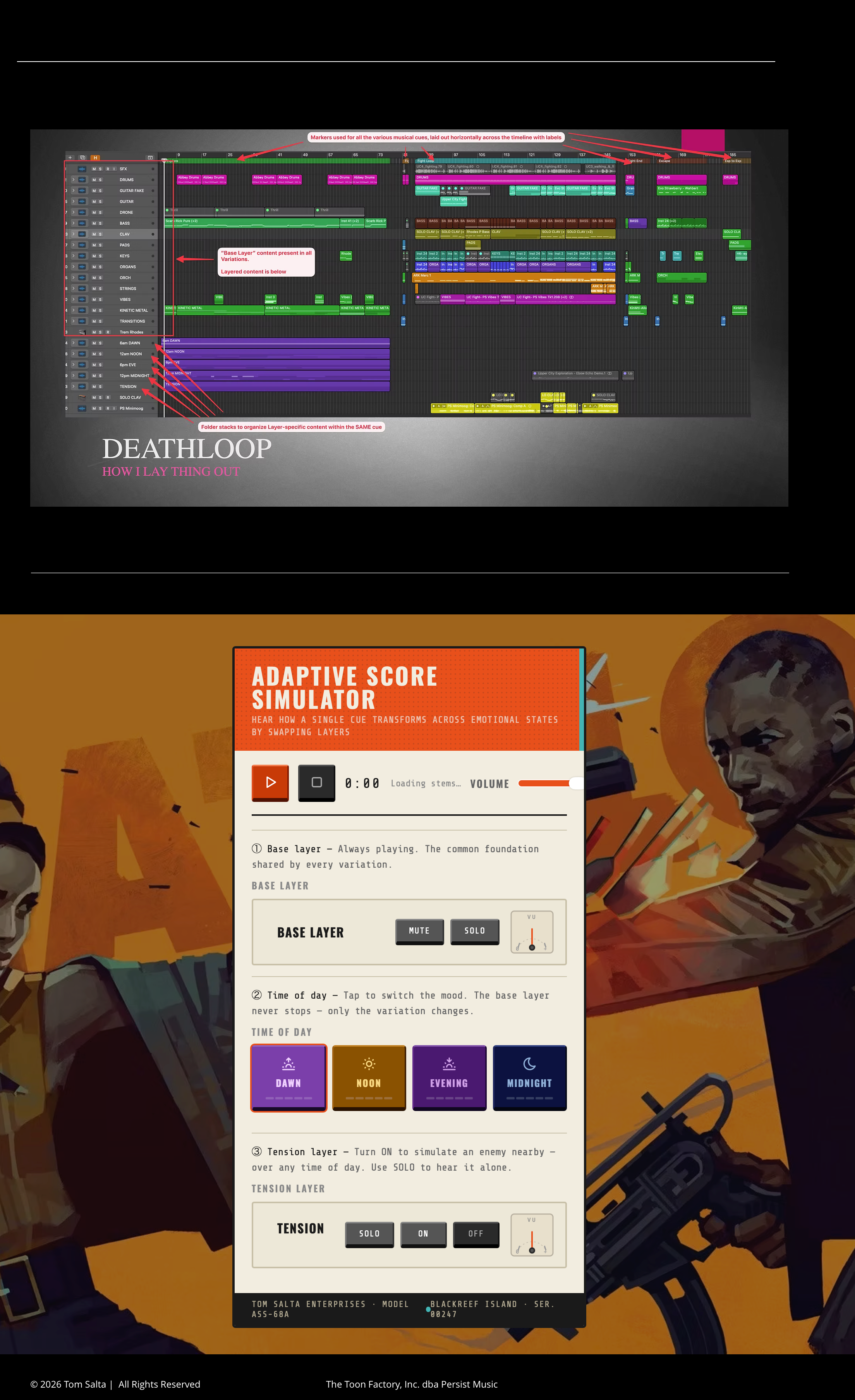 Preview of the DEATHLOOP Adaptive Score Simulator, showing base-layer, time-of-day, and tension-layer controls