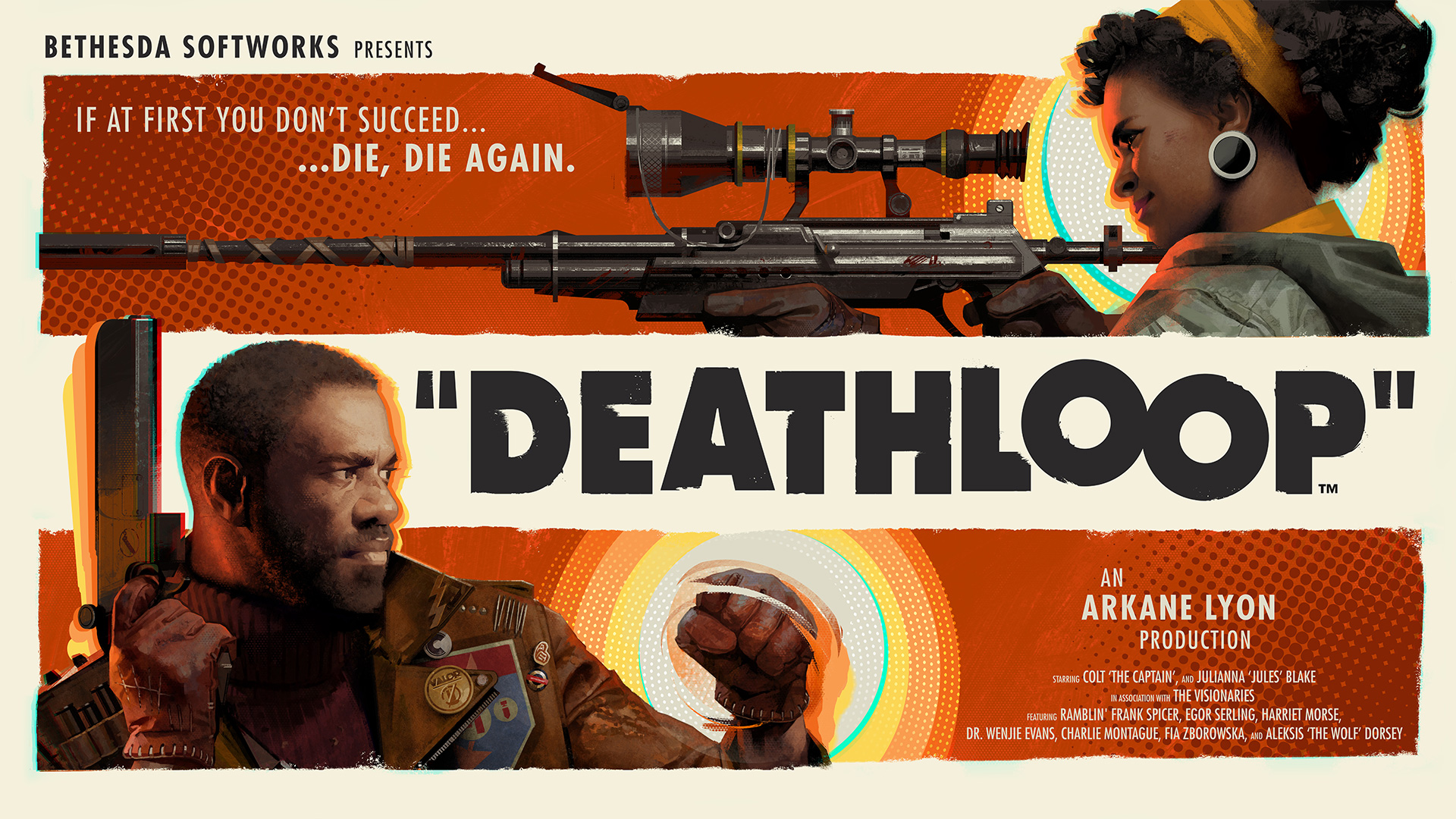 DEATHLOOP key art featuring Colt and Julianna, with the complete DEATHLOOP logo