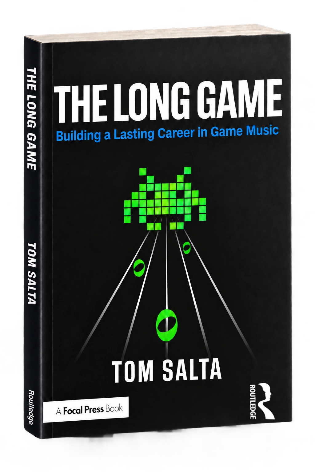 Three-dimensional view of The Long Game by Tom Salta, showing its spine and Focal Press and Routledge publisher marks